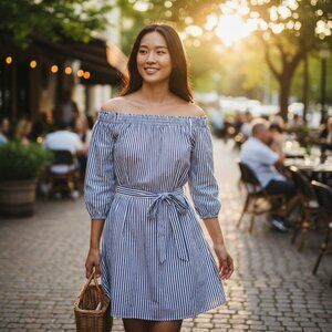 GAP Womens Medium Blue Striped Long Sleeve Off the Shoulder Summer Dress Size M